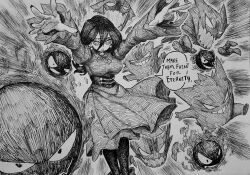 1girl ascot bags_under_eyes black_corset black_hair black_leggings boots breasts bright_pupils chronozbergh corset dress earrings english_text gastly gen_1_pokemon gengar hair_between_eyes hands_up haunter hex_maniac_(pokemon_legends:_z-a) highres jewelry leggings long_hair looking_at_viewer monochrome nintendo outstretched_arms pokemon solid_circle_eyes speech_bubble sphere_earrings traditional_media zombie_pose
