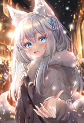 1girl absurdres amatsuki_rei animal_ear_fluff animal_ears blue_eyes blush breath commentary_request fang fox_ears fox_girl fox_tail fur-trimmed_hood fur_trim hair_ribbon highres hood hood_down hooded_jacket jacket long_hair long_sleeves looking_at_viewer night offering_hand open_mouth original outdoors ribbon sky smile snowing solo tail upper_body white_hair