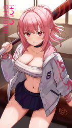 1girl alternate_costume bandaged_chest baseball_bat black_choker blush breasts choker cleavage collarbone commentary dreadpunk english_commentary eyelashes glaring highres holding holding_baseball_bat hololive hololive_english jacket large_breasts long_hair looking_at_viewer mori_calliope navel open_clothes open_jacket pink_eyes pink_hair ponytail solo thighs virtual_youtuber