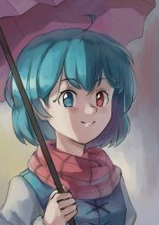 1girl absurdres blue_eyes blue_hair heterochromia highres holding holding_umbrella kornod looking_at_viewer medium_hair portrait red_eyes solo tatara_kogasa touhou umbrella