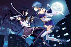 2girls absurdres akemi_homura akemi_homura_(magical_girl) argyle_clothes argyle_pantyhose black_hair black_pantyhose blood blue_boots blue_eyes blue_hair blue_skirt boots building capelet cityscape commentary commission detached_sleeves english_commentary fighting floaing_hair fortissimo frilled_skirt frills gloves gun hair_ornament handgun high_heels highres holding holding_gun holding_sword holding_weapon injury magical_girl mahou_shoujo_madoka_magica mahou_shoujo_madoka_magica_(anime) miki_sayaka miki_sayaka_(magical_girl) miniskirt moon multiple_girls musical_note musical_note_hair_ornament night night_sky pantyhose pleated_skirt purple_skirt second-party_source short_hair skirt sky star_(sky) starry_sky sword thighhighs titiartwork torn_clothes weapon white_capelet white_gloves white_thighhighs