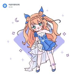 1girl \m/ american_flag blue_bow blue_dress blue_ribbon blush bow braid choker constellation crescent crescent_moon cross double_bun dress earrings green_eyes hair_bun hair_ornament hammer_and_sickle hat_ornament hexagram indie_virtual_youtuber jewelry long_hair meechu min02 min02_(1st_costume) moon necklace official_art open_mouth pasties ribbon saint_quartz_(fate) seashell shell smile solo standing star-shaped_pupils star_(symbol) star_choker star_earrings star_hair_ornament star_hat_ornament star_necklace star_of_david star_pasties star_print starfish starry_sky_print strapless strapless_dress symbol-shaped_pupils tarot v virtual_youtuber white_background
