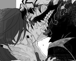 1boy 1girl ayase_momo battle_damage black_nails blood blood_on_face bow bowtie bruise bruise_on_arm bruise_on_face closed_eyes commentary_request dandadan facial_mark facing_another from_side gakuran glasses greyscale hands_on_another&#039;s_face injury kiss korean_commentary mask medium_hair monochrome mouth_mask profile school_uniform short_hair takakura_ken_(dandadan) takakura_ken_(transformed)_(dandadan) torn_clothes transformation upper_body wolf6481