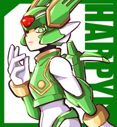 Rule 34 | 1boy, armor, border, character name, facial mark, forehead jewel, from side, green armor, green border, green eyes, green helmet, helmet, highres, male focus, mechanical wings, mega man (series), mega man zero (series), meshiuma0x, sage harpuia (mega man), simple background, solo, upper body, white background, winged helmet, wings