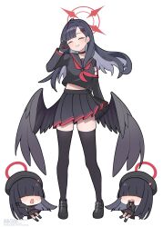 Rule 34 | 1girl, :d, black gloves, black hair, black shirt, black shoes, black skirt, black thighhighs, blue archive, blunt bangs, blunt ends, blush, chibi, closed eyes, closed mouth, commentary request, facing viewer, full body, gloves, hair ornament, hair over eyes, hairclip, halo, hand up, highres, ichika (blue archive), long hair, long sleeves, machimo, neckerchief, open mouth, parted bangs, parted lips, pleated skirt, red halo, red neckerchief, school uniform, serafuku, shirt, shoes, simple background, skirt, smile, standing, thighhighs, watermark, white background