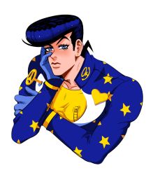 Rule 34 | 1boy, black hair, blue eyes, bored, diamond wa kudakenai, dollar sign, eyelashes, gakuran, gloves, hand on own face, head rest, heart, higashikata josuke, jojo no kimyou na bouken, male focus, peace symbol, pompadour, school uniform, solo, star (symbol), star print, tariah furlow
