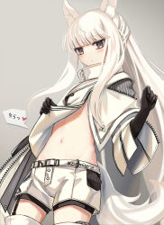 1girl animal_ear_fluff animal_ears arknights black_gloves blunt_bangs blush commentary_request cowboy_shot female_focus garter_straps gloves grey_background grey_eyes groin head_tilt high_collar highres long_hair looking_at_viewer midriff navel noctelle platinum_(arknights) shirt short_shorts shorts silver_hair simple_background solo standing stomach tail thighhighs very_long_hair white_shirt white_shorts