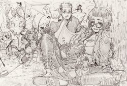 1girl 2others 6+boys ? agyo_(housamo) bag bat_wings blanket blush braid breasts cat cleavage closed_eyes collared_shirt commentary_request creature devil_(housamo) dragon drooling finger_to_mouth food furry furry_male glasses goat_boy goat_horns greyscale hand_up hanuman_(housamo) hatching_(texture) heart highres holding holding_blanket holding_food holding_sword holding_weapon horns large_breasts leaf leaf_on_head linear_hatching listening_to_music long_hair looking_at_another medium_breasts mole mole_under_eye monochrome moritaka_(housamo) motoori_shiro multiple_boys multiple_others muscular muscular_male onigiri open_mouth pants photoshop_(medium) picnic protagonist_2_(housamo) reading sakimori_toji salomon_(housamo) sandals scan shirt short_hair shushing sleeping sleeping_upright sleepy spoken_heart spoken_question_mark stitched_mouth stitches surprised sweat sword tadatomo_(housamo) takabushi_kengo tokyo_houkago_summoners tongue tongue_out tree twin_braids wadanosuke_(waadaa_hmlh) walkman weapon wings yakushimaru_ryota