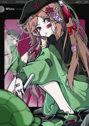 2girls absurdres alternate_costume black_hat black_shirt bow brown_hair evil_neuro-sama green_jacket green_shoes hair_bow hair_ribbon hat highres jacket long_hair looking_at_viewer multiple_girls neuro-sama off_shoulder red_bow red_eyes red_ribbon ribbon shirt shoes solo_focus squatting sticker sticker_on_face vedal_ai virtual_youtuber white45838787