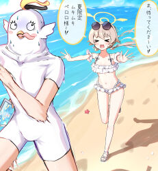 1boy 2girls absurdres arona_(blue_archive) beach bikini blue_archive caffeinechara cosplay hifumi_(blue_archive) hifumi_(swimsuit)_(blue_archive) highres japanese_text male_sensei_(blue_archive) multiple_girls navel ocean peroro_(blue_archive)_(cosplay) sensei_(blue_archive) simple_background swimsuit white_background