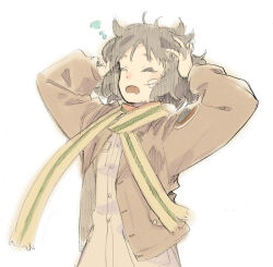 1girl arms_up bandage_on_face bandages brave_witches brown_jacket bubble closed_eyes commentary_request cowboy_shot dot_nose green_scarf grey_hair hair_flaps hands_on_own_head jacket kanno_naoe leather leather_jacket long_sleeves messy_hair open_clothes open_jacket open_mouth parted_bangs patch scarf shiratama_(hockey) shirt short_hair shoulder_patch sidelocks simple_background sleepy solo two-tone_scarf white_background white_shirt world_witches_series yawning yellow_scarf