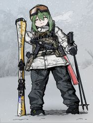 1girl alternate_costume snow_camouflage black_gloves black_pants blush breath bulletproof_vest camouflage camouflage_coat closed_eyes closed_mouth coat commentary_request cookie_(touhou) daiyousei diyusi_(cookie) full_body gloves goggles goggles_on_headwear grey_sky gun hair_between_eyes handgun highres holding_ski_pole holster holstered long_bangs long_hair mini_uzi oomiya_(nicoseiga96593860) outdoors pants pouch ski_gear ski_goggles ski_pole skis sky smile snow snowing solo standing submachine_gun touhou traffic_baton weapon white_coat
