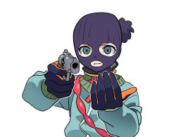 1girl aiming aiming_at_viewer amate_yuzuriha aqua_eyes balaclava commentary gloves gun gundam gundam_gquuuuuux handgun hashtag-only_commentary highres holding holding_gun holding_weapon jacket long_sleeves looking_at_viewer red_hair robbery short_hair simple_background upper_body weapon wge white_background