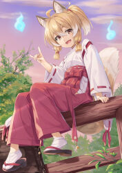1girl :d animal_ear_fluff animal_ears bell blonde_hair brown_eyes brown_footwear cloud cloudy_sky fang fence fox_ears fox_girl fox_shadow_puppet fox_tail hair_bell hair_between_eyes hair_ornament hakama hakama_pants hitodama japanese_clothes jingle_bell kimono long_sleeves looking_at_viewer miko miri_(ago550421) on_fence open_mouth original outdoors pants ponytail red_hakama red_pants ribbon-trimmed_sleeves ribbon_trim shoe_soles short_eyebrows sidelocks sitting sitting_on_fence sky smile socks solo tabi tail thick_eyebrows white_kimono white_socks