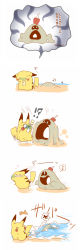 !? ^^^ azuma_minatsu chasing commentary_request creatures_(company) crying flying_sweatdrops game_freak gen_1_pokemon gen_7_pokemon highres holding looking_back musical_note nintendo no_humans pikachu pokemon pokemon_(creature) sand sandygast shore speech_bubble spoken_musical_note sweat water