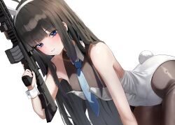 1girl absurdres animal_ear_hairband animal_ears ar-15 assault_rifle bare_shoulders bent_over black_hair black_pantyhose blue_necktie blunt_bangs blush bodystocking breasts commentary detached_collar dutch_angle fake_animal_ears fake_tail gigabani gun hairband highres holding holding_gun holding_weapon indie_virtual_youtuber large_breasts leotard looking_at_viewer mang_nae_(vtuber) necktie pantyhose playboy_bunny purple_eyes rifle simple_background small_breasts smile solo symbol-only_commentary tail virtual_youtuber weapon white_background white_leotard wrist_cuffs