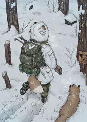 1girl absurdres animal_ears backpack bag battle_rifle fox fox_ears fox_girl fox_girl_(yihan_world) fox_tail gun highres holding holding_gun holding_weapon hood hood_up jacket m14 m21 original rifle sign snow tail weapon white_jacket winter yihan_world