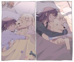 2girls absurdres age_progression aged_down bang_dream! blanket blonde_hair blush closed_eyes dog hani_(user_wyem8325) highres hug long_hair lying medium_hair multiple_girls multiple_views on_bed on_side purple_hair seta_kaoru shirasagi_chisato sleeping under_covers yuri