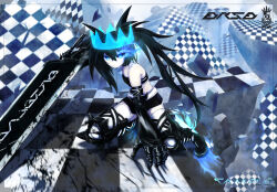 Rule 34 | 1girl, armored boots, armored gloves, black hair, black rock shooter, black rock shooter (character), black rock shooter beast, blue crown, blue fire, boots, checkered floor, crown, fire, flaming eye, floating crown, glowing, glowing eye, huge weapon, skeletal hand, skirt, solo, stitched chest, stitched torso, stitches, sweat, tokyo (1421), twintails, uneven twintails, weapon