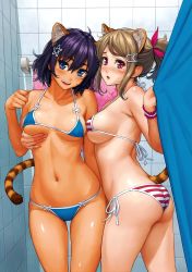 2girls ahoge animal_ear_fluff animal_ears ass bathroom bikini bikini_top blue_bikini blue_eyes blush breast_lift breasts brown_hair collarbone dark-skinned_female dark_skin extra_ears fang from_side grabbing_another&#039;s_breast groping hair_between_eyes hair_ornament hair_ribbon hairclip highres homunculus_(alchemynote) indoors large_breasts looking_at_viewer medium_breasts micro_bikini micro_bikini_top multiple_girls navel open_mouth original ponytail purple_eyes purple_hair ribbon scan scrunchie shiny_skin short_hair short_ponytail shower_curtain showering side-tie_bikini_bottom sideboob sidelocks skindentation smile star_(symbol) star_hair_ornament strap_gap string_bikini striped_bikini striped_clothes sweat swept_bangs swimsuit tail tan tareme tiger_ears tiger_tail tile_wall tiles toranoana towel towel_rack tsurime underboob wrist_scrunchie