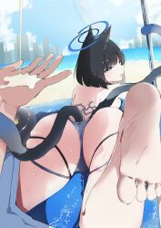 1girl absurdres animal_ears ass bakeneko barefoot bikini black_eyes black_hair blue_archive blue_halo bright_pupils cat_ears cat_girl cat_tail commentary feet_up gachi_mouchou gradient_tail halo highres kikyou_(blue_archive) kikyou_(swimsuit)_(blue_archive) layered_bikini looking_at_viewer looking_back lotion lying multi-strapped_bikini_bottom multiple_tails official_alternate_costume on_stomach pov pov_hands short_hair soles solo sunscreen swimsuit tail two_tails untied_bikini_top