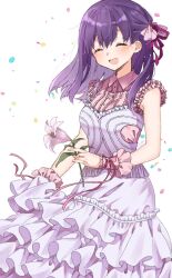Rule 34 | 1girl, blush, closed eyes, commentary request, confetti, dress, fate/stay night, fate (series), floating hair, flower, frilled dress, frills, hair between eyes, hair ribbon, highres, holding, holding flower, layered sleeves, long hair, matou sakura, official alternate costume, open mouth, pink dress, pink flower, pink ribbon, purple hair, ribbon, sleeveless, sleeveless dress, solo, tanka kikurage, white background