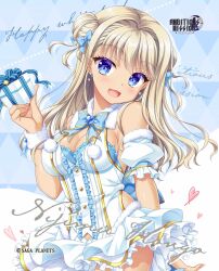 1girl :d absurdres ambitious_mission arisue_tsukasa back_bow bare_shoulders blonde_hair blue_background blue_bow blue_bowtie blue_eyes blush bow bowtie box breasts center_frills character_name cleavage cleavage_cutout clothing_cutout colored_eyelashes copyright_name cowboy_shot dark-skinned_female dark_skin double_bun dress drop_shadow earrings eyelashes fingernails floating_hair frilled_dress frills fur_cuffs gift gift_box hair_between_eyes hair_bow hair_bun hand_up happy happy_white_day head_tilt heart heart-shaped_ornament highres holding holding_gift hongou_nijimu jewelry lolita_fashion long_hair looking_at_viewer medium_breasts no_bra official_art official_wallpaper open_mouth simple_background sleeveless sleeveless_dress smile solo stud_earrings two-tone_background two_side_up white_background white_dress white_wrist_cuffs wrist_cuffs