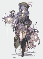 1girl absurdres box commission english_text eyepatch fashion full_body hair_ornament hat highres holding jewelry leather_belt lolita_fashion long_hair long_sleeves original pirate pirate_costume pirate_hat purple_hair solo tacfigure watermark yellow_eyes