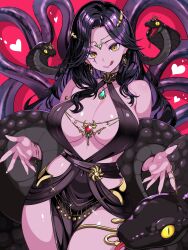 1girl :q aqua_gemstone black_dress black_hair bracelet breasts cleavage colored_skin dress facial_mark forked_tongue gem gleam heart highres indie_virtual_youtuber jewelry large_breasts long_hair pelvic_curtain pink_background pink_gemstone purple_hair snake solo tongue tongue_out uzyou_(momotk1109) vexoria_the_sun_eater virtual_youtuber yellow_eyes
