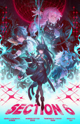 1boy 3girls animal_ear_fluff animal_ears aqua_jacket asaba_harumasa black_hair black_necktie black_skirt blue_horns blue_oni blue_skin blunt_bangs character_name colored_skin commentary cover english_text fake_cover fox_ears fox_girl glasses headband highres holding holding_sword holding_weapon horns hoshimi_miyabi jacket jessica_wijaya long_hair looking_at_viewer multiple_girls necktie oni pink_eyes pink_hair shirt skirt soukaku_(zenless_zone_zero) sword tailless_(zenless_zone_zero) tsukishiro_yanagi weapon white_shirt yellow_headband zenless_zone_zero