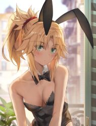 1girl animal_ears black_bow black_bowtie black_leotard blonde_hair blurry blurry_background bow bowtie breasts building detached_collar fake_animal_ears fate/grand_order fate_(series) green_eyes highres leotard looking_at_viewer medium_breasts medium_hair mordred_(fate) navel plant playboy_bunny ponytail rabbit_ears sidelocks sitting solo tonee window