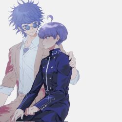 2boys ahoge beard_stubble black_jacket black_pants blood blood_on_clothes blue_eyes blue_hair brown_jacket brown_pants buttons chest_tattoo clenched_hand corrupted_twitter_file double-breasted facial_hair grey_hair hand_on_another&#039;s_back highres jacket looking_at_another male_focus master_detective_archives:_rain_code multiple_boys open_clothes open_jacket pants parted_lips richost round_eyewear shirt short_hair simple_background smile stubble tattoo white_background white_shirt yakou_furio yuma_kokohead