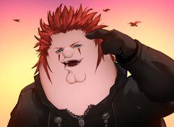 1boy absurdres axel_(kingdom_hearts) axel_(kingdom_hearts)_(cosplay) black_coat black_coat_(kingdom_hearts) black_gloves cleft_chin coat commentary cosplay english_commentary facial_mark family_guy fat fat_man gloves green_eyes highres kingdom_hearts kowai_(iamkowai) looking_at_viewer male_focus open_mouth peter_griffin red_hair solo spiked_hair teardrop_facial_mark teeth