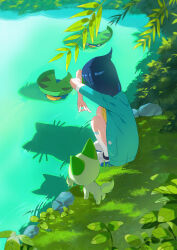 1girl absurdres black_hair cat_shadow_puppet_(meme) commentary_request cowlick crossed_arms day emo_qianzi gen_3_pokemon grass hair_ornament hairclip highres jacket liko_(pokemon) lotad meme nintendo open_clothes open_jacket outdoors pokemon pokemon_(anime) pokemon_(creature) pokemon_horizons pond rock shoes socks sprigatito squatting water white_socks yellow_bag