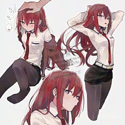 ... 1girl arm_support arms_behind_head belt black_pantyhose black_shorts blush breasts bright_pupils commentary cropped_legs dress_shirt expressionless hair_between_eyes headpat heart highres long_hair looking_at_viewer loose_hair_strand makise_kurisu motion_lines necktie no_shoes open_mouth pantyhose pantyhose_under_shorts purple_eyes red_hair red_necktie shirt shorts sidelocks simple_background sitting small_breasts smile speech_bubble spoken_ellipsis spoken_heart steins;gate suehiroch0 watermark white_background white_belt white_shirt