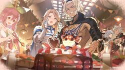 Rule 34 | 3boys, 3girls, animal ears, blonde hair, brown eyes, brown hair, cake, candle, closed eyes, dancing, elsam (granblue fantasy), feeding, food, freesia (granblue fantasy), granblue fantasy, granblue fantasy versus: rising, grey hair, highres, katalina (granblue fantasy), lowain (granblue fantasy), multiple boys, multiple girls, official art, orange eyes, pink hair, size difference, spoon, tomoi (granblue fantasy), yggdrasil (granblue fantasy)