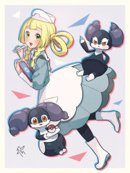 1girl :d apron black_pantyhose blonde_hair blunt_bangs blush boots border braid commentary_request cosplay dress eyelashes gen_8_pokemon green_eyes grey_background grey_dress hair_rings hat highres holding holding_stylus indeedee indeedee_(female) indeedee_(male) joy_(pokemon) joy_(pokemon)_(cosplay) kinocopro lillie_(pokemon) long_sleeves lower_teeth_only nintendo open_mouth pantyhose poke_ball poke_ball_(basic) pokemon pokemon_(creature) pokemon_sm pokemon_swsh smile stylus teeth tongue twin_braids white_apron white_border white_footwear white_headwear