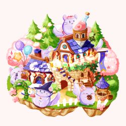 Rule 34 | :3, absurdres, animal, balloon, barrel, cat, chimney, chinchilla (animal), closed eyes, flower, food, grass, hat, heart, highres, holding, holding wand, house, issiki toaki, lantern, musical note, no humans, original, pink flower, plant, simple background, star (symbol), tree, wand, window, witch hat