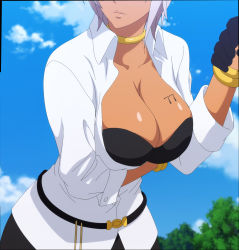 1girl arms_under_breasts black_bra bra breasts choker cleavage dark-skinned_female dark_skin highres large_breasts nana_bassler plunderer shirt stitched tattoo breast_tattoo third-party_edit underwear white_hair white_shirt yellow_choker