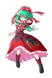 1girl arm_ribbon boots bow dairi dress front_ponytail full_body green_eyes green_hair highres kagiyama_hina looking_at_viewer red_bow red_dress red_ribbon ribbon smile solo tachi-e touhou white_background