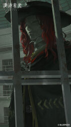 Rule 34 | 1boy, absurdres, aleph (reverse:1999), bars, black cape, black hat, cape, copyright name, copyright notice, covered face, cracked mask, hat, highres, indoors, iron bars, logo, long hair, looking inside, male focus, official art, official wallpaper, panopticon, prison, prison cell, red hair, reverse:1999, solo, upper body, white mask