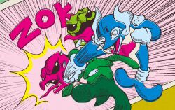 Rule 34 | 2others, battle, commentary request, dolphin, don2fbaka, gloves, jet punch (pokemon), multiple heads, multiple others, nintendo, no humans, open mouth, palafin, palafin (hero), parody, pokemon, pokemon (creature), pokemon focus, pokemon move, punching, retro artstyle, scovillain, sound effects, style parody, textless version, tongue, tongue out, western comics (style)