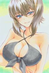 Rule 34 | 1girl, arm under breasts, bikini, black bikini, bow, bow bikini, breasts, brown eyes, brown hair, cleavage, closed mouth, collarbone, girls und panzer, gradient background, highres, large breasts, layered bikini, looking at viewer, marker (medium), navel, nishizumi maho, sawamaru30, short hair, smile, solo, swimsuit, three-toned background, traditional media, twitter username, upper body