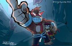 2025 2boys animal_ears cosplay crossover crystal diddy_kong diegoandsmtz donkey_kong donkey_kong_(series) donkey_kong_bananza dutch_angle gorilla highres kamina_(ttgl) kamina_(ttgl)_(cosplay) kamina_pose kamina_shades male_focus monkey_ears monkey_tail multiple_boys necktie nintendo pointing pointing_up red-tinted_eyewear red_necktie signature sparkle standing tail teeth tengen_toppa_gurren_lagann tinted_eyewear visor_cap