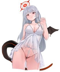 1girl arm_behind_back babydoll black_tail black_wings blue_archive braid breasts cleavage closed_mouth cropped_legs female_pubic_hair grey_hair halo haruna_(blue_archive) highres long_hair looking_at_viewer medium_breasts pearl_thong pubic_hair red_eyes red_halo simple_background single_braid single_wing smile solo tail umiwashi white_babydoll white_background wings