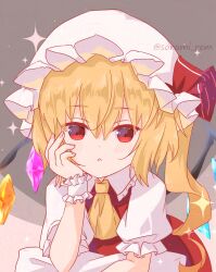 1girl ascot blonde_hair closed_mouth crystal crystal_wings flandre_scarlet hair_between_eyes hat looking_at_viewer mob_cap puffy_short_sleeves puffy_sleeves red_eyes red_ribbon red_vest ribbon shirt short_sleeves side_ponytail simple_background solo sorami_rem sparkle touhou upper_body vest wings wrist_cuffs yellow_ascot