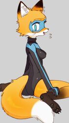 1girl animal_ear_fluff animal_ears batman_(series) batrobin_k blue_eyes breasts dc_comics domino_mask fox_ears fox_girl fox_tail furry furry_female grey_background highres mask medium_breasts nightwing short_hair simple_background tail
