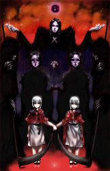 2boys 3girls abubu artemisia bandaged_arm bandages blunt_bangs brother_and_sister creepy dark death eleuseus empty_eyes highres holding_hands hollow_eyes horror_(theme) moira mu_(sound_horizon) multiple_boys multiple_girls pale_skin phi_(sound_horizon) red_background scythe shaded_face short_hair_with_long_locks siblings smile sound_horizon standing symmetry thanatos_(persona) thanatos_(sound_horizon) twins