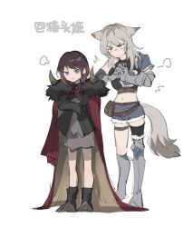 2girls :&lt; animal_ears armored_gloves ascot black_shirt blue_eyes blue_shorts boots brown_hair cape catowjeemson chibi commentary_request girls_band_cry grey_eyes grey_hair highres iseri_nina kawaragi_momoka kemonomimi_mode low_twintails midriff multicolored_hair multiple_girls red_ascot red_brooch red_cape roots_(hair) shirt short_hair short_twintails shorts simple_background tail thigh_boots thigh_strap twintails white_background wolf_ears wolf_girl wolf_tail