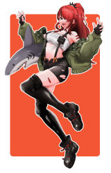 Rule 34 | 1girl, :d, absurdres, bandeau, bare shoulders, black boots, black gloves, black hair, black shorts, black thighhighs, boots, breasts, fingerless gloves, full body, gloves, green jacket, highres, jacket, knew nothing, lain paterson, lain paterson (1st costume), large breasts, long hair, long sleeves, looking at viewer, midriff, multicolored hair, navel, nijisanji, off shoulder, open clothes, open jacket, open mouth, ponytail, pouch, purple eyes, red hair, short shorts, shorts, smile, solo, stomach, strapless, streaked hair, stuffed animal, stuffed shark, stuffed toy, suspenders, thighhighs, thighs, tube top, virtual youtuber
